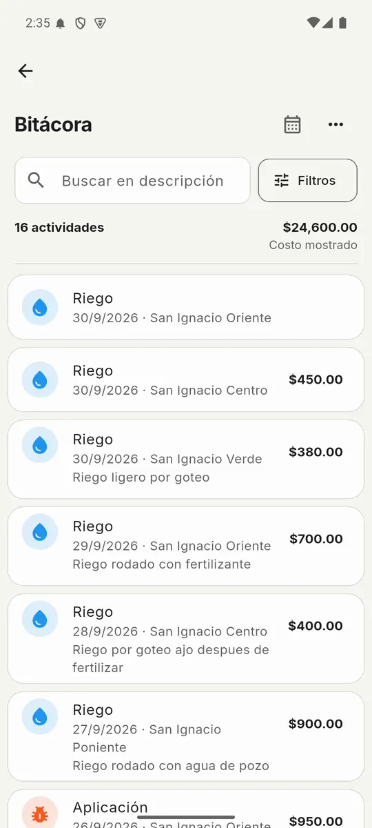 Bitácora con 16 actividades, su fecha, lote y costo, y el total mostrado