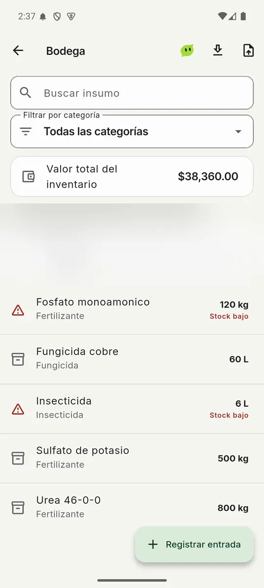 Bodega: valor total del inventario y lista de insumos, dos de ellos marcados con stock bajo