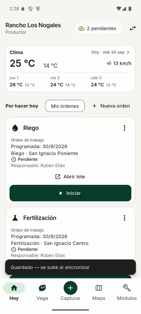 Pantalla Hoy con el aviso «Guardado — se sube al sincronizar» y 2 registros pendientes de subir
