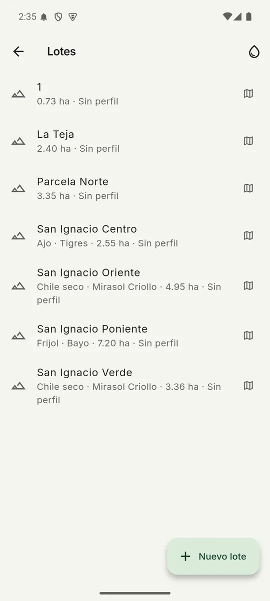 Lista de lotes con cultivo, variedad y hectáreas: ajo, chile seco y frijol