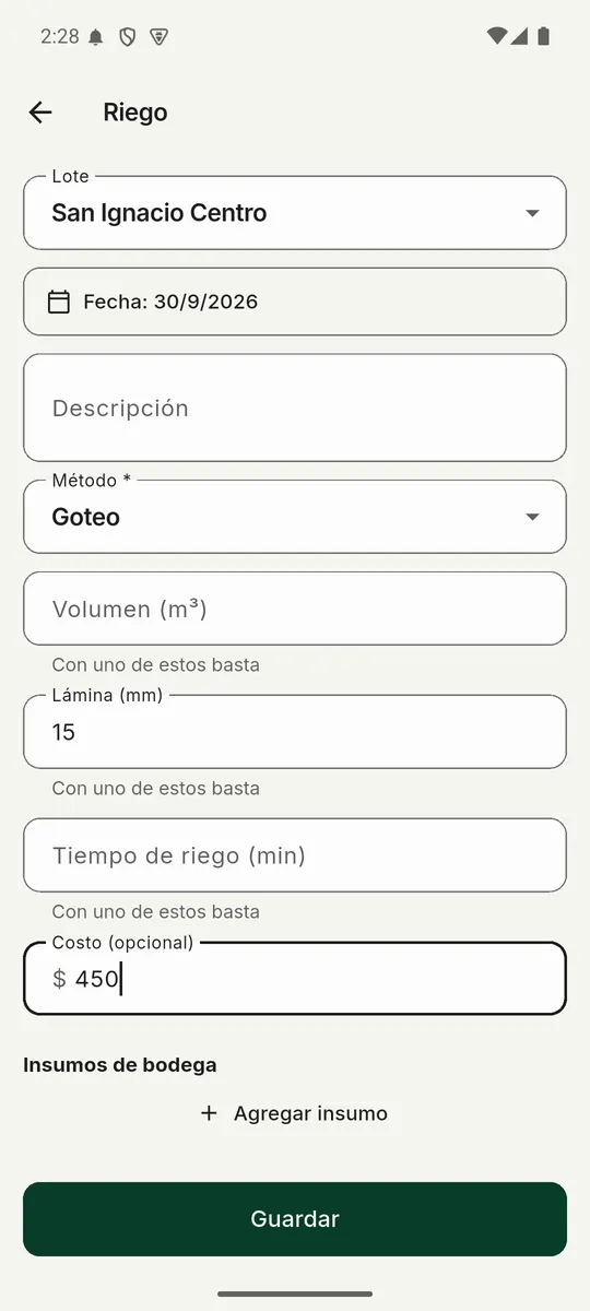 Formulario de riego: lote San Ignacio Centro, método goteo, lámina de 15 mm y costo de $450